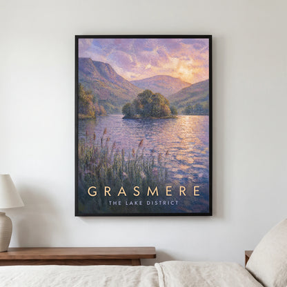 Grasmere travel poster in a black frame, hanging in a bedroom3