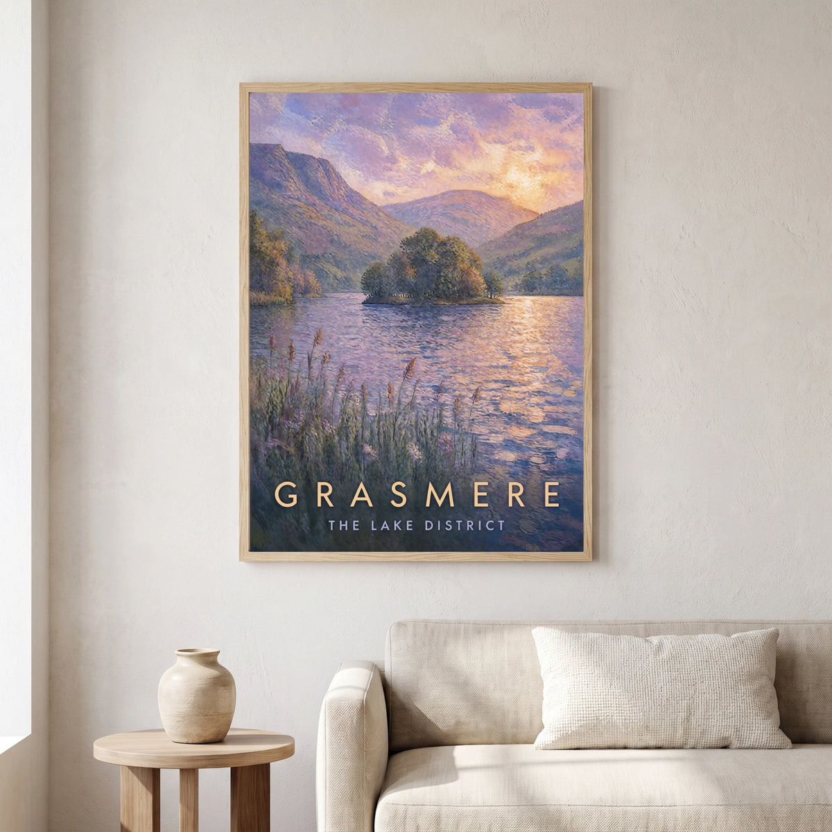 Grasmere travel poster in a natural frame, hanging in a living