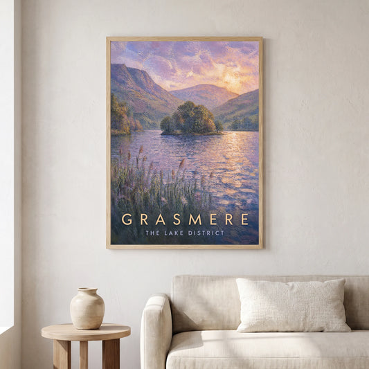 Grasmere travel poster in a natural frame, hanging in a living