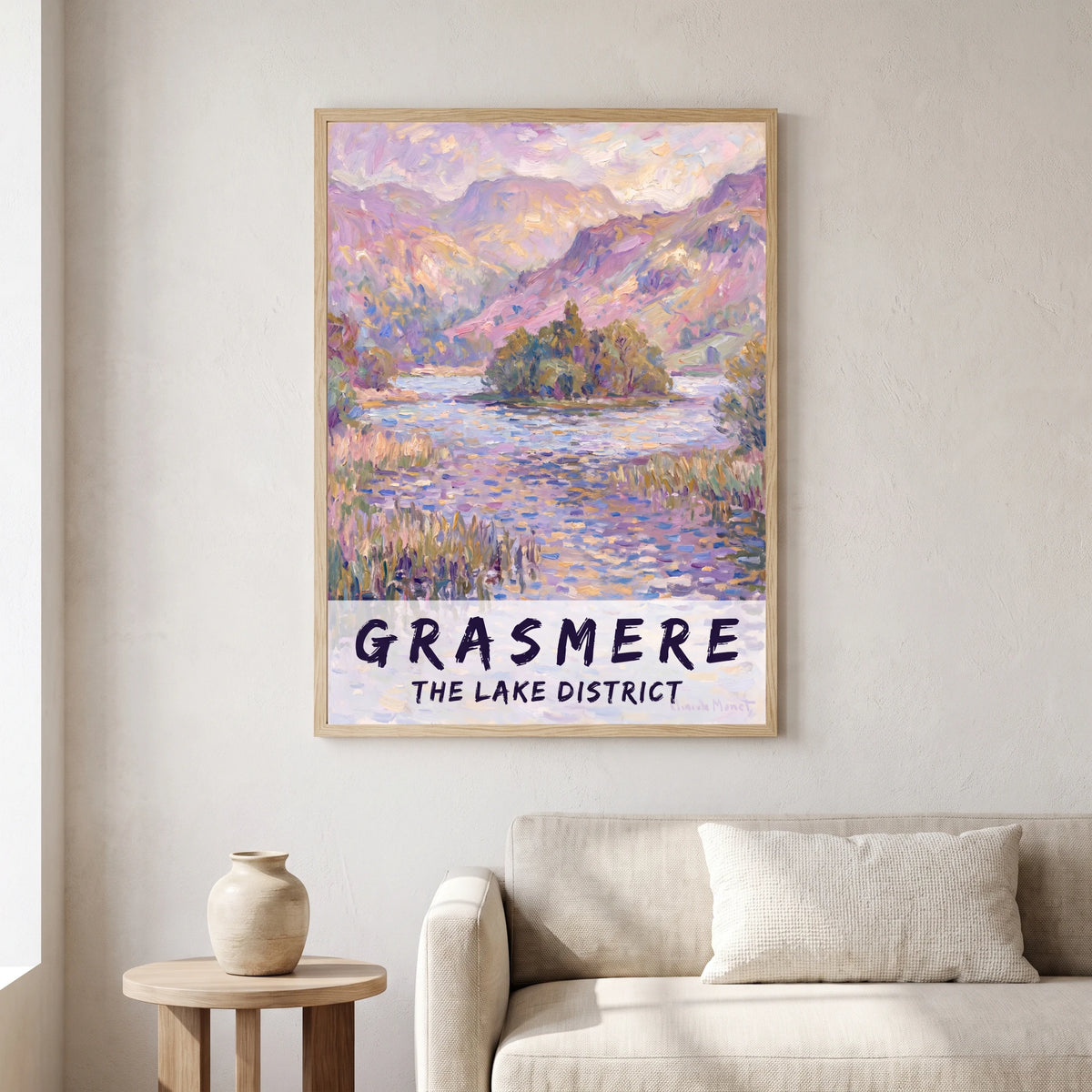 Grasmere travel poster in a natural frame, hanging in a living