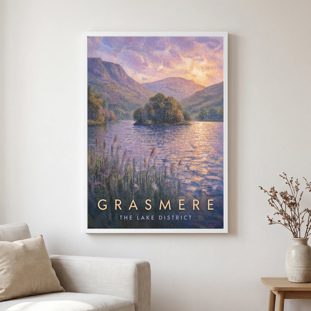 Grasmere travel poster in a white frame, hanging in a living2