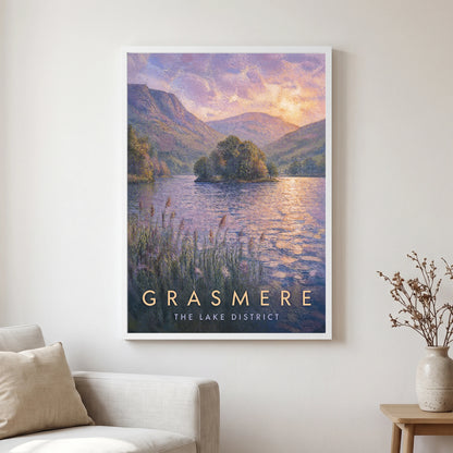 Grasmere travel poster in a white frame, hanging in a living2