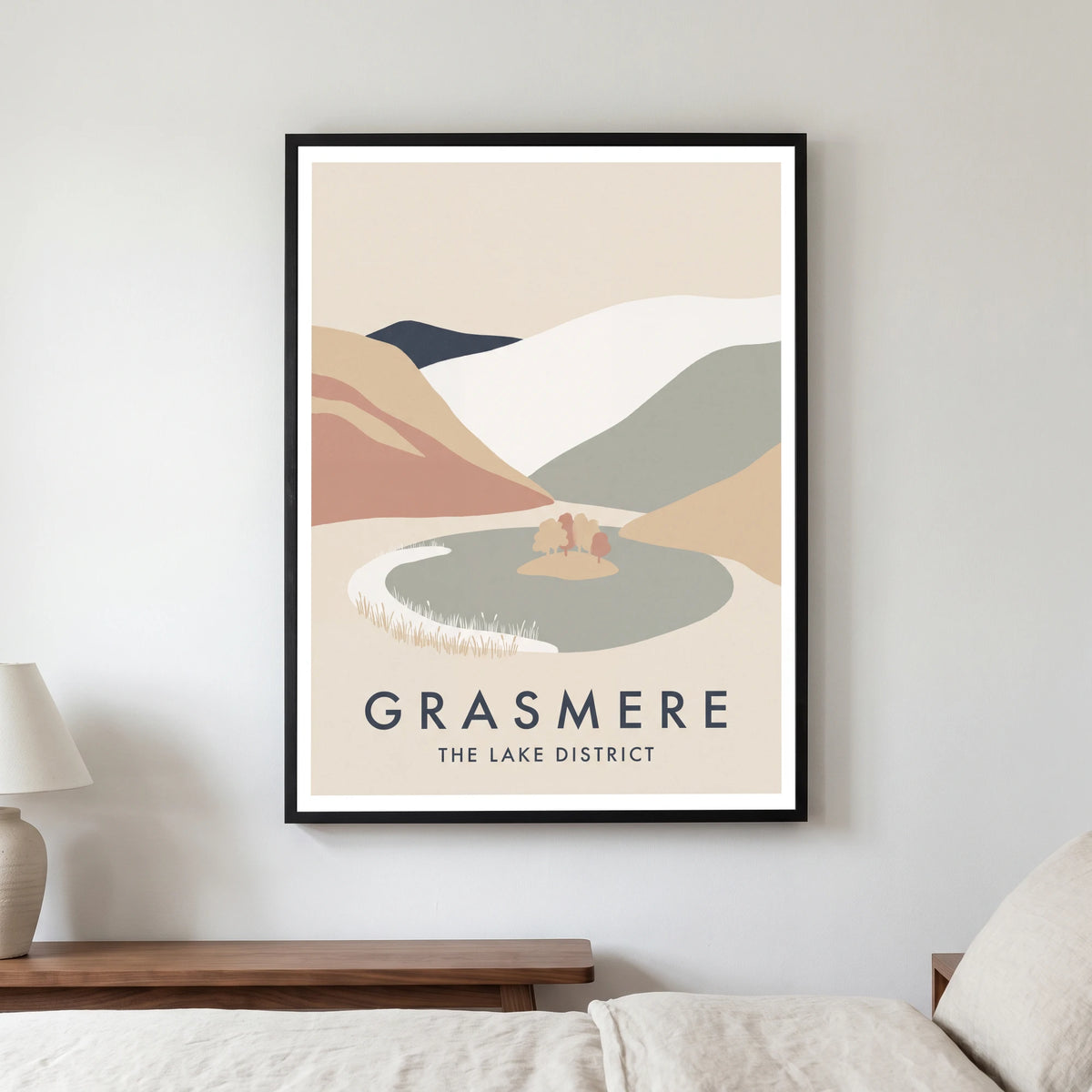 Grasmere travel poster in a black frame, hanging in a bedroom3