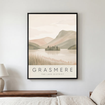 Grasmere travel poster in a black frame, hanging in a bedroom3