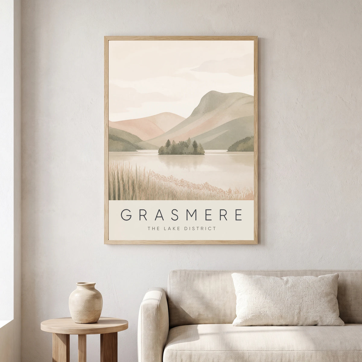 Grasmere travel poster in a natural frame, hanging in a living