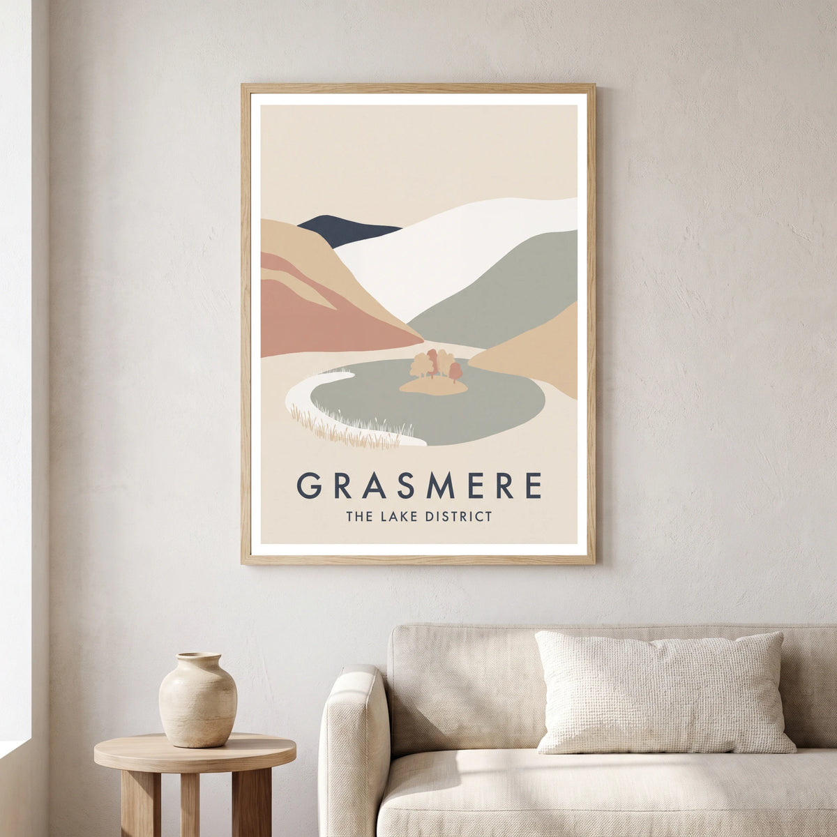 Grasmere travel poster in a natural frame, hanging in a living