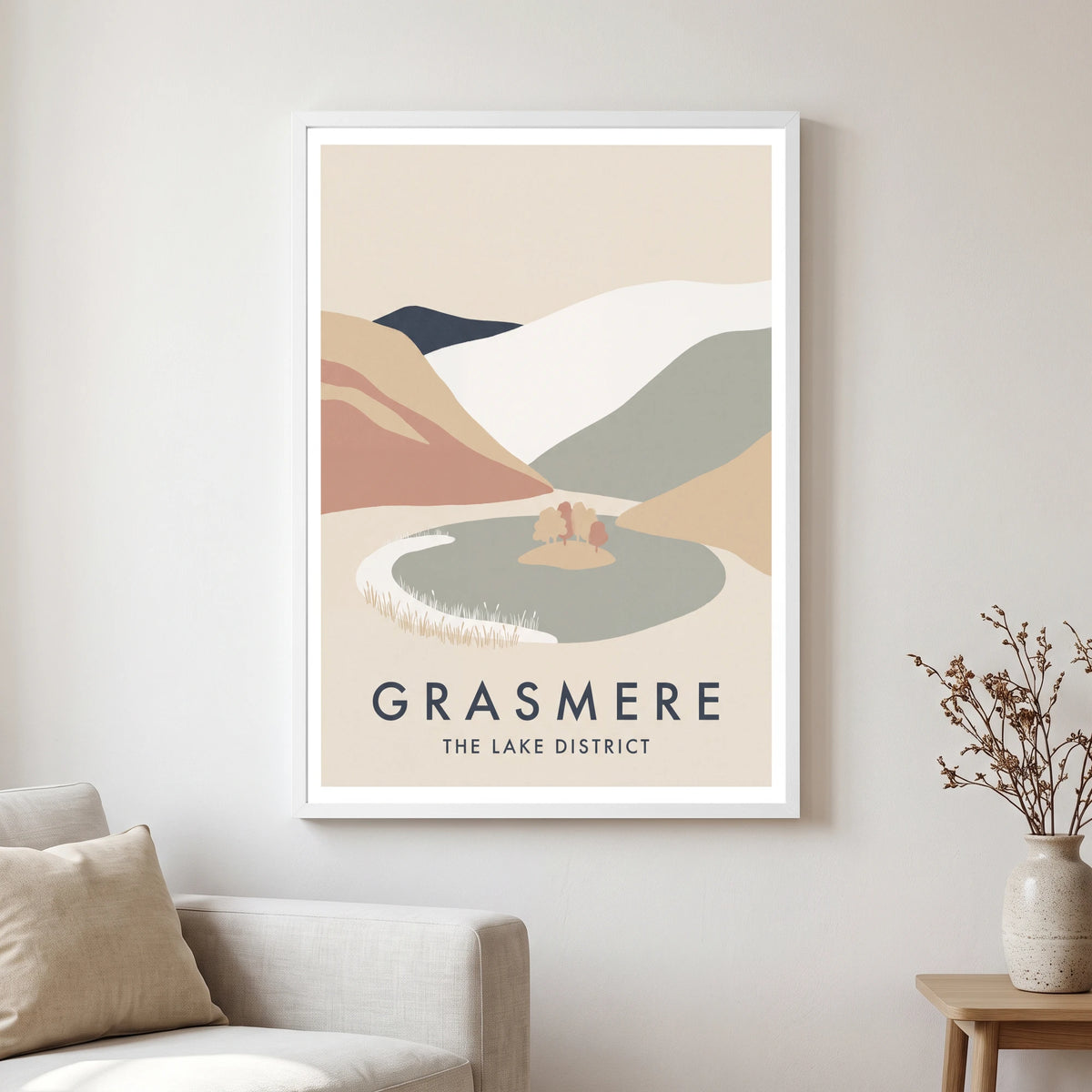 Grasmere travel poster in a white frame, hanging in a living2
