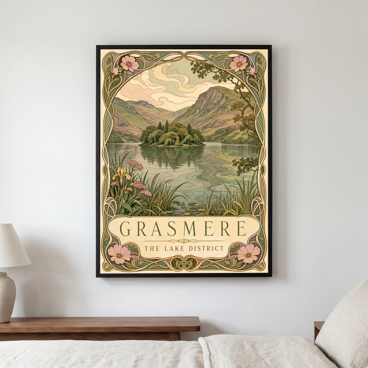 Grasmere travel poster in a black frame, hanging in a bedroom3