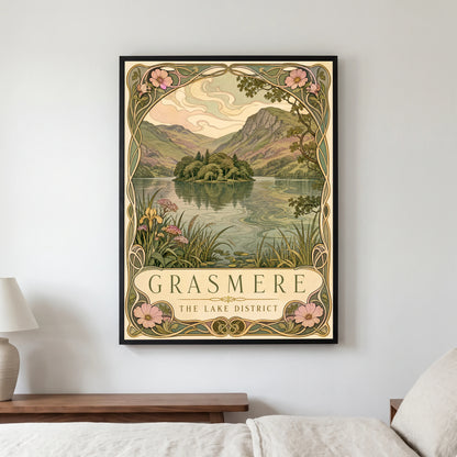 Grasmere travel poster in a black frame, hanging in a bedroom3
