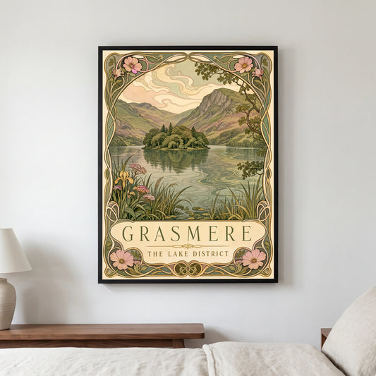 Grasmere travel poster in a black frame, hanging in a bedroom3