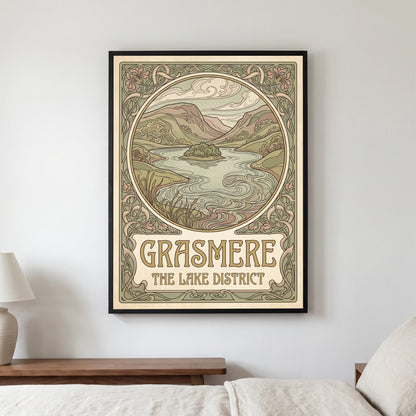 Grasmere travel poster in a black frame, hanging in a bedroom3