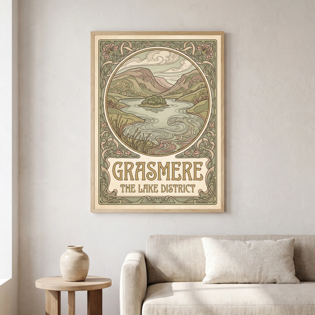 Grasmere travel poster in a natural frame, hanging in a living