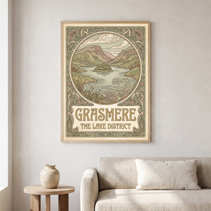 Grasmere travel poster in a natural frame, hanging in a living