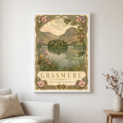 Grasmere travel poster in a white frame, hanging in a living2