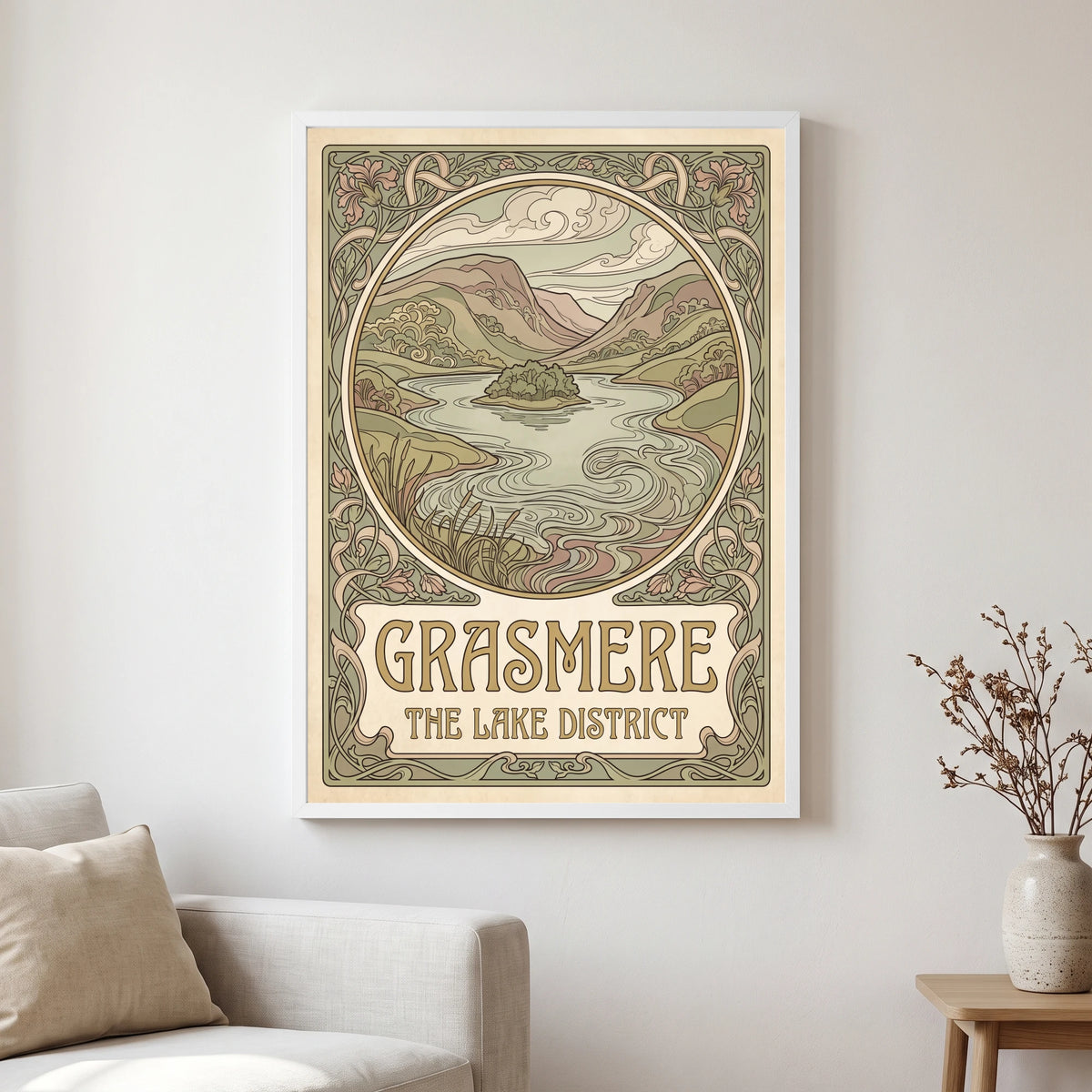 Grasmere travel poster in a white frame, hanging in a living2