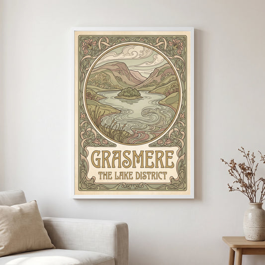 Grasmere travel poster in a white frame, hanging in a living2