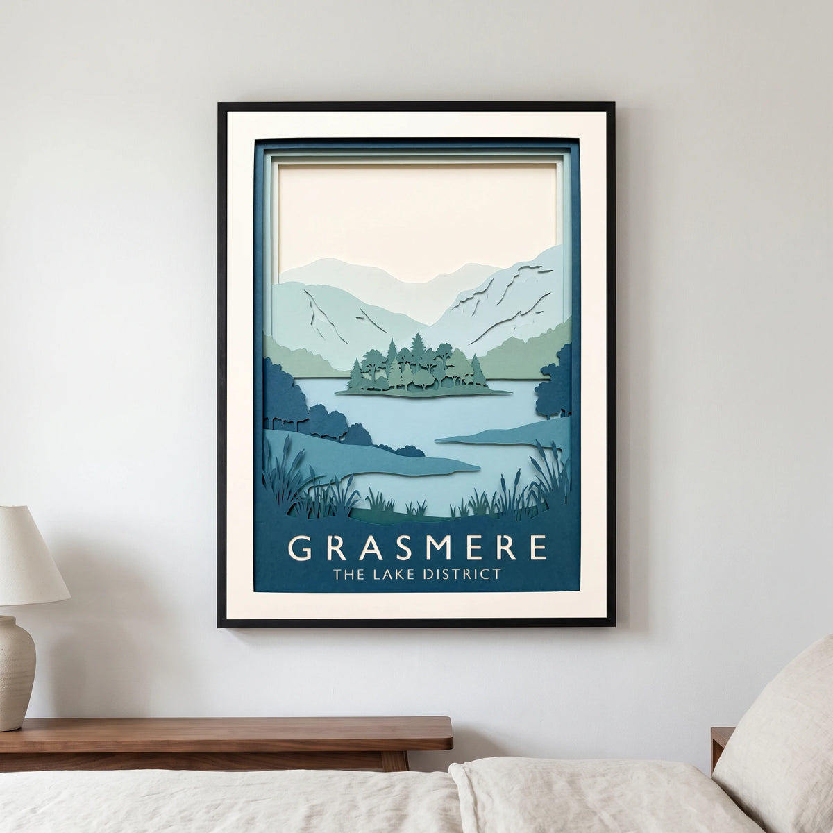 Grasmere travel poster in a black frame, hanging in a bedroom3