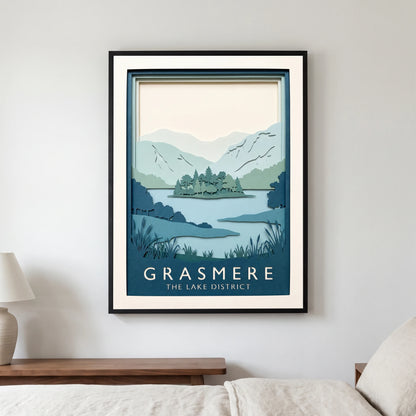 Grasmere travel poster in a black frame, hanging in a bedroom3