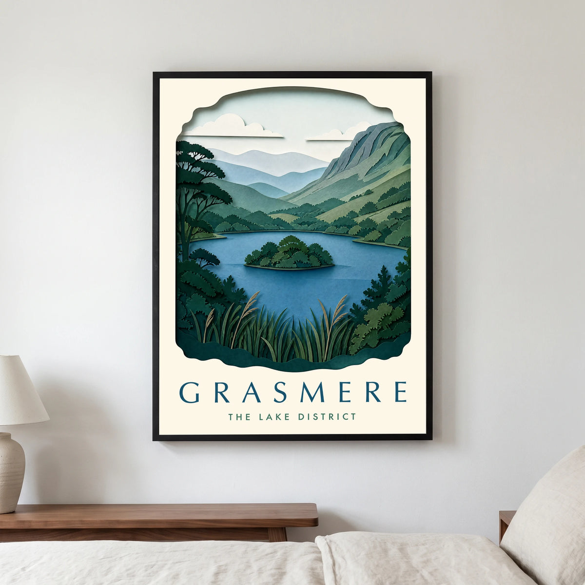 Grasmere travel poster in a black frame, hanging in a bedroom3