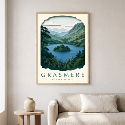 Grasmere travel poster in a natural frame, hanging in a living