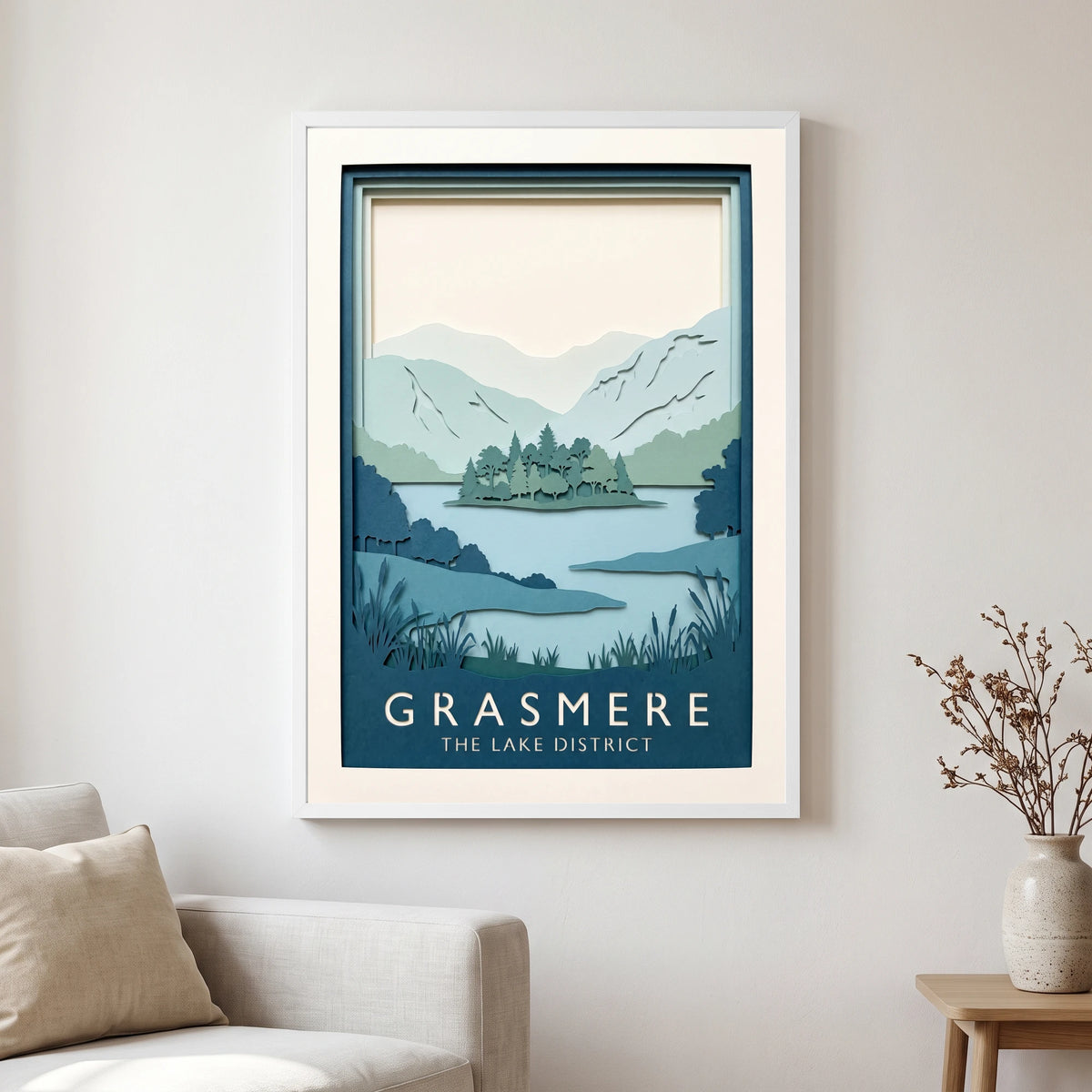 Grasmere travel poster in a white frame, hanging in a living2