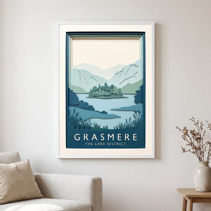 Grasmere travel poster in a white frame, hanging in a living2