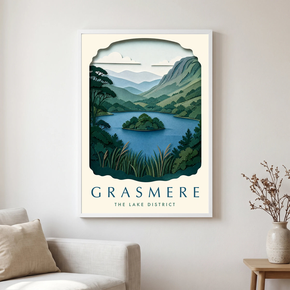 Grasmere travel poster in a white frame, hanging in a living2