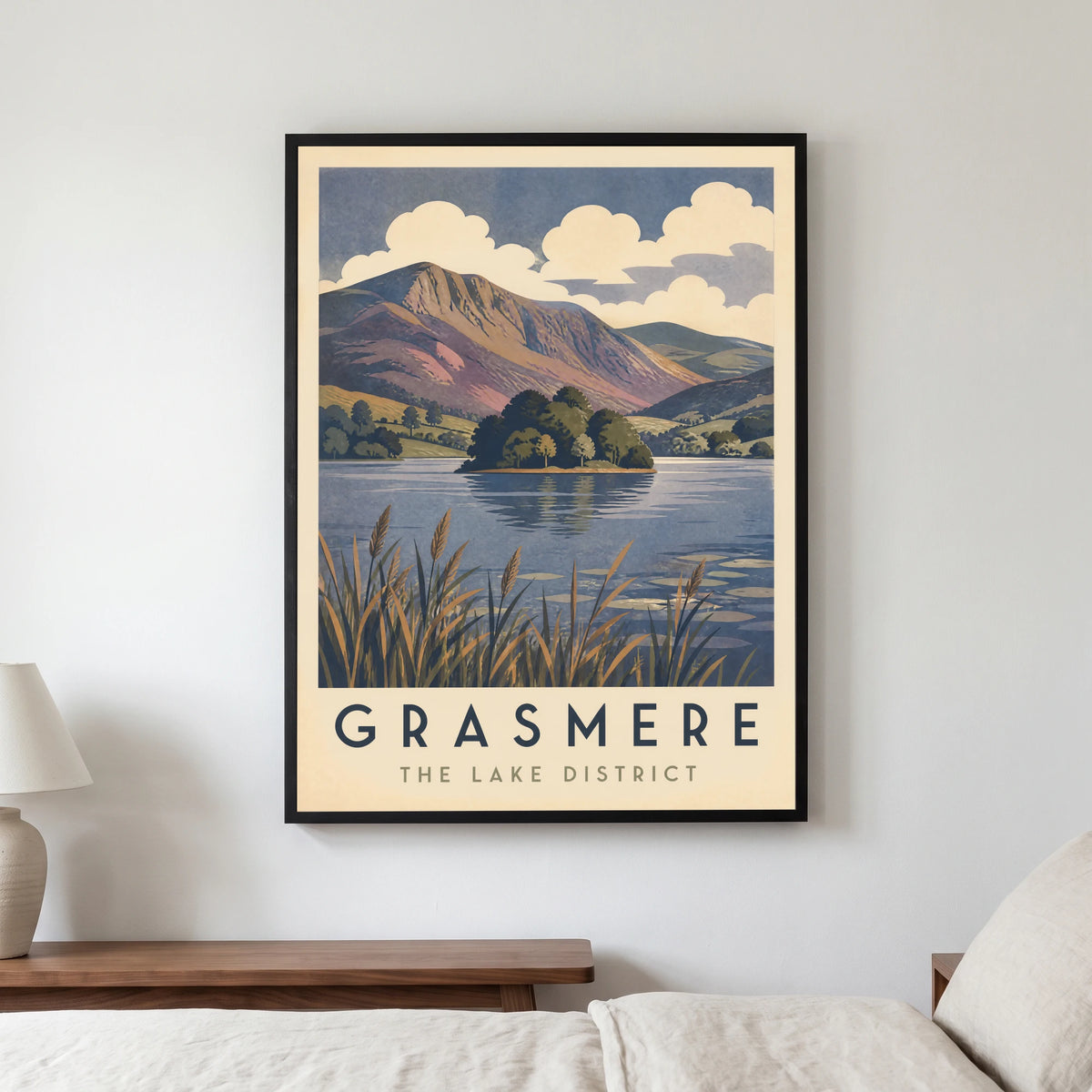Grasmere travel poster in a black frame, hanging in a bedroom3