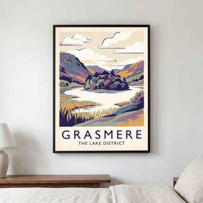 Grasmere travel poster in a black frame, hanging in a bedroom3