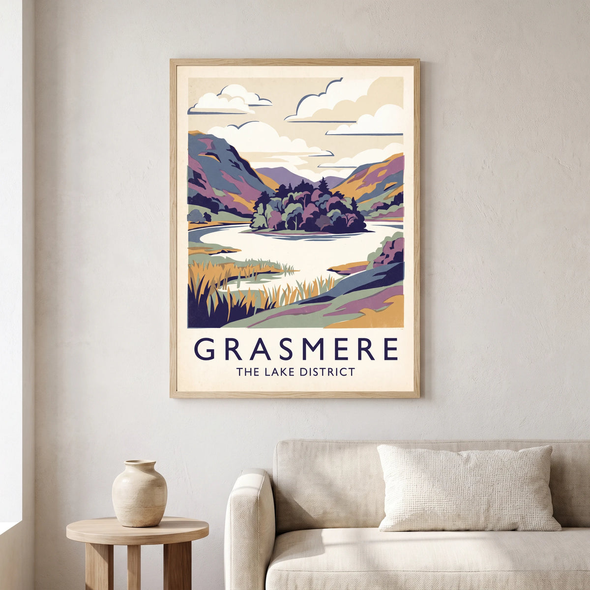 Grasmere travel poster in a natural frame, hanging in a living