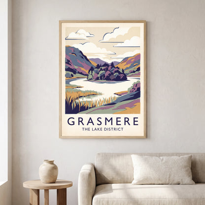 Grasmere travel poster in a natural frame, hanging in a living