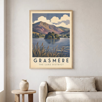 Grasmere travel poster in a natural frame, hanging in a living