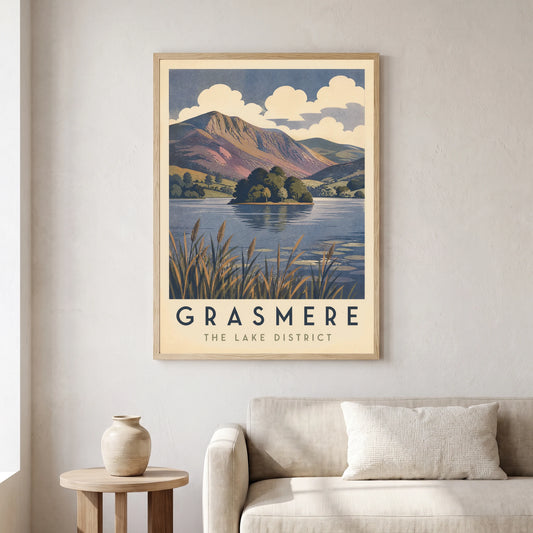 Grasmere travel poster in a natural frame, hanging in a living