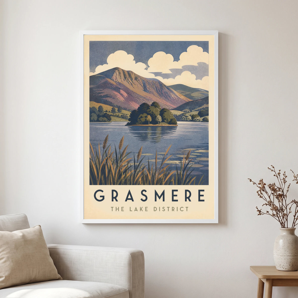 Grasmere travel poster in a white frame, hanging in a living2