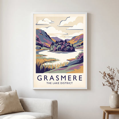 Grasmere travel poster in a white frame, hanging in a living2