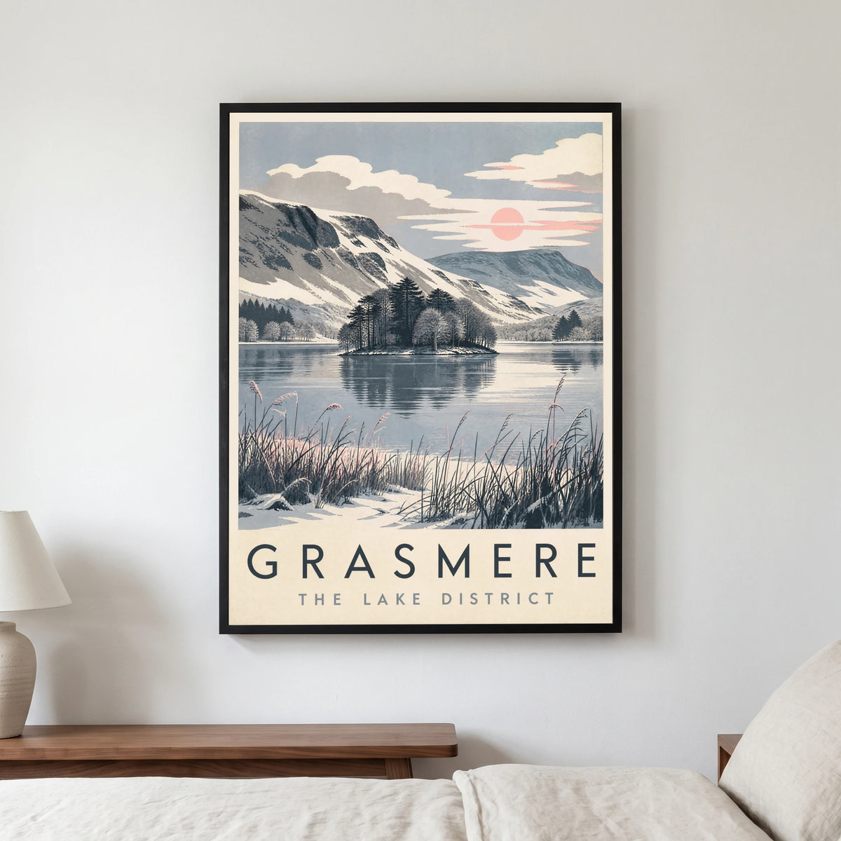 Grasmere travel poster in a black frame, hanging in a bedroom3