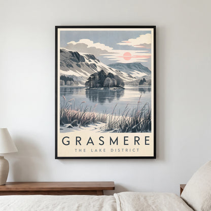 Grasmere travel poster in a black frame, hanging in a bedroom3
