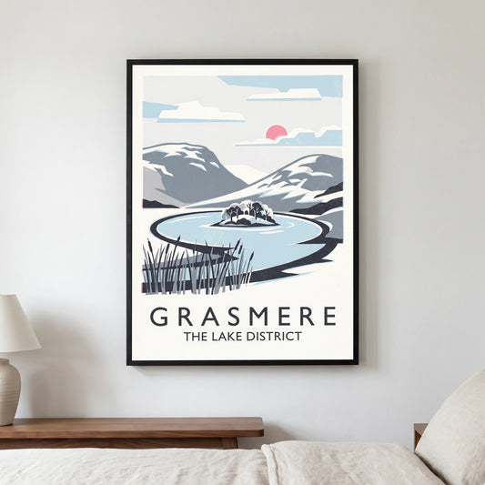 Grasmere travel poster in a black frame, hanging in a bedroom3