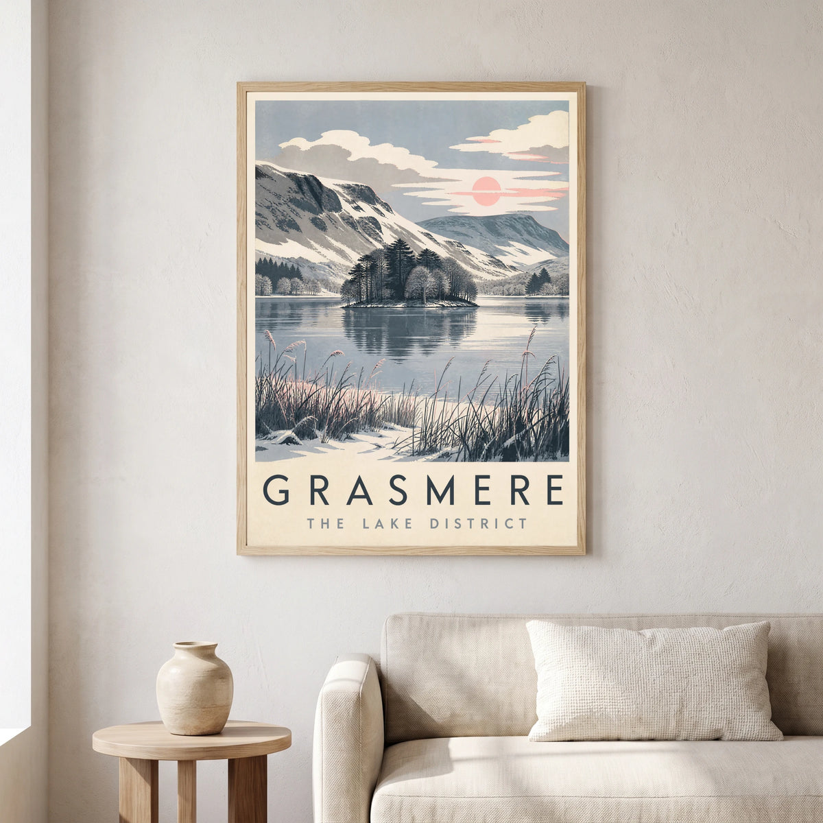 Grasmere travel poster in a natural frame, hanging in a living