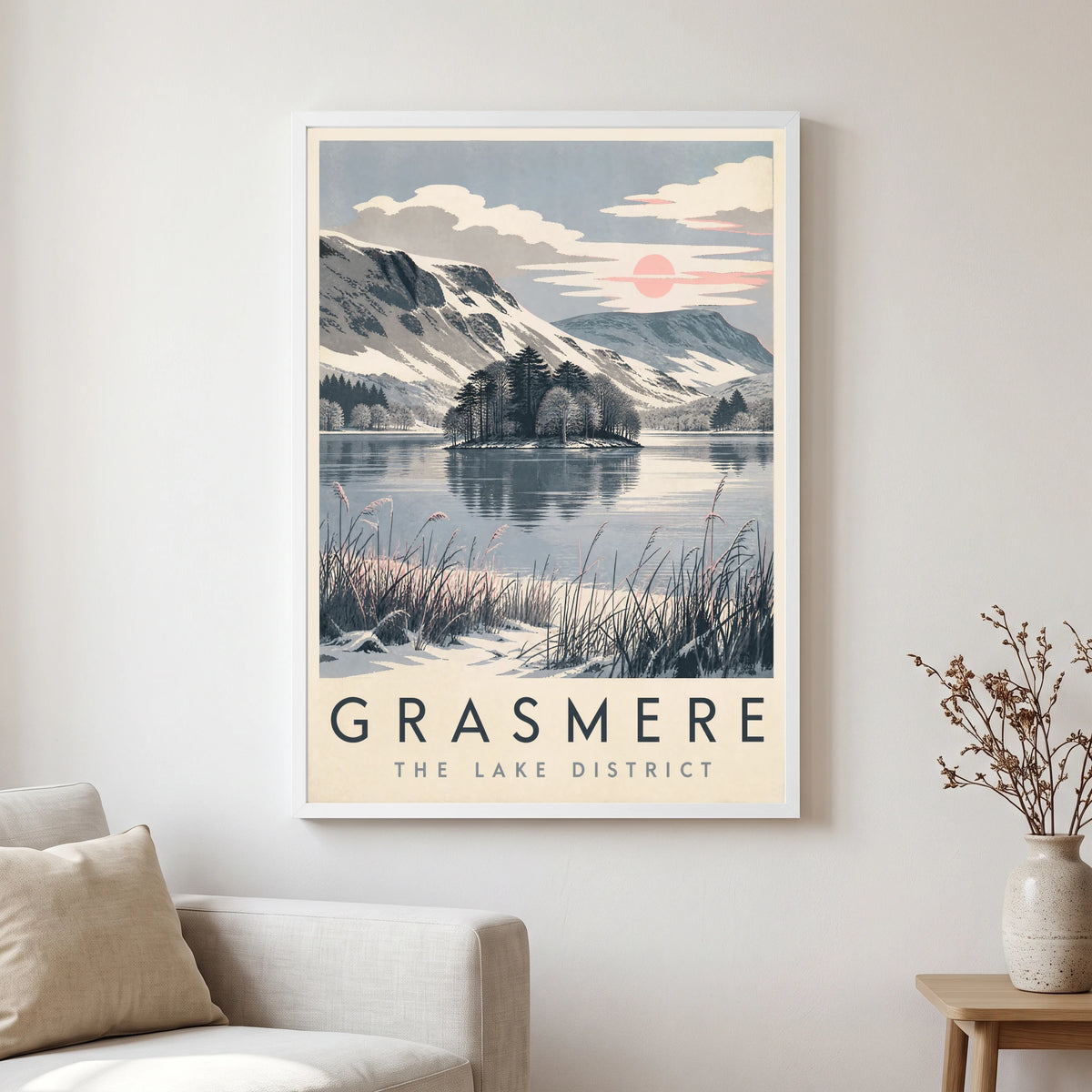Grasmere travel poster in a white frame, hanging in a living2