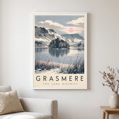 Grasmere travel poster in a white frame, hanging in a living2