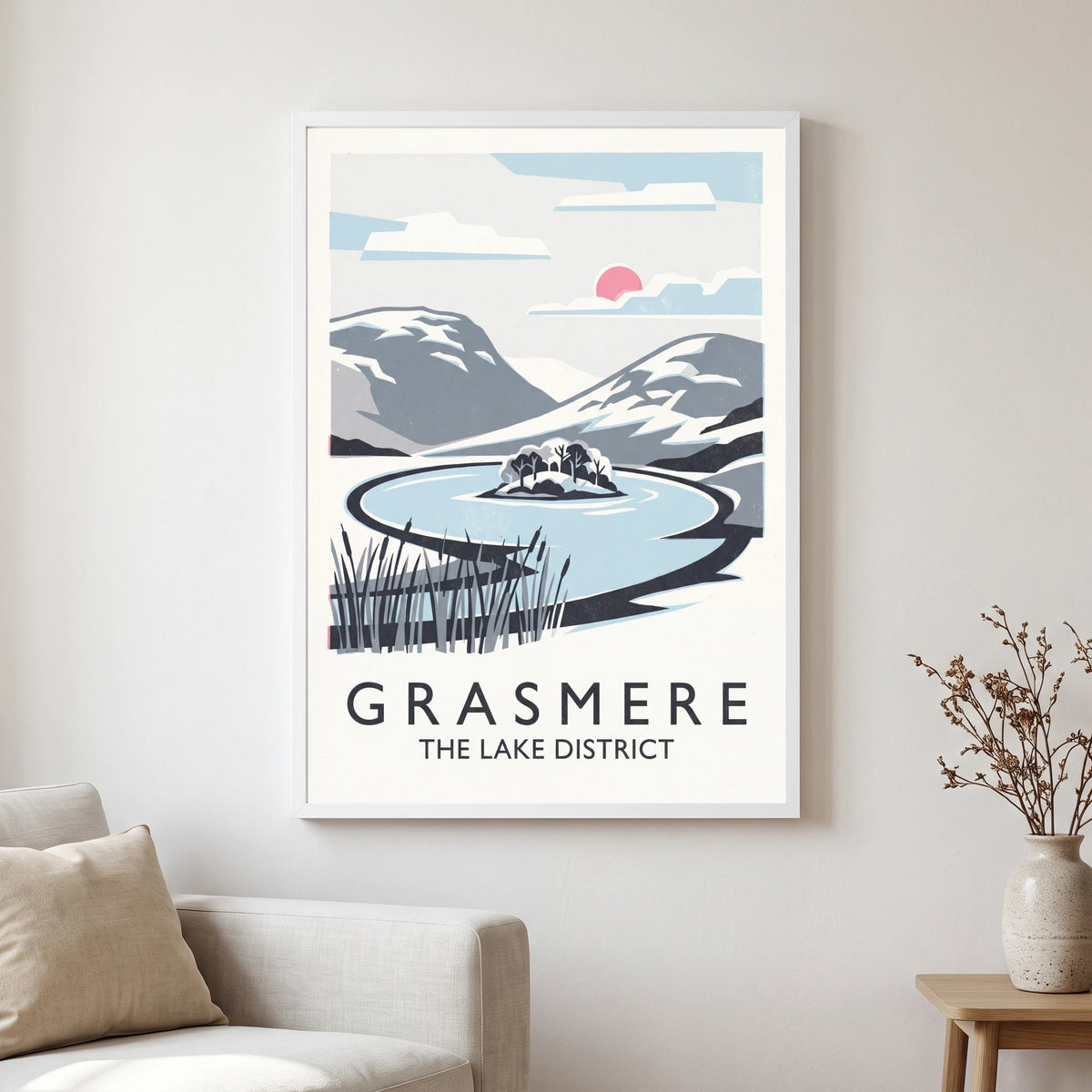 Grasmere travel poster in a white frame, hanging in a living2