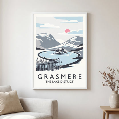 Grasmere travel poster in a white frame, hanging in a living2
