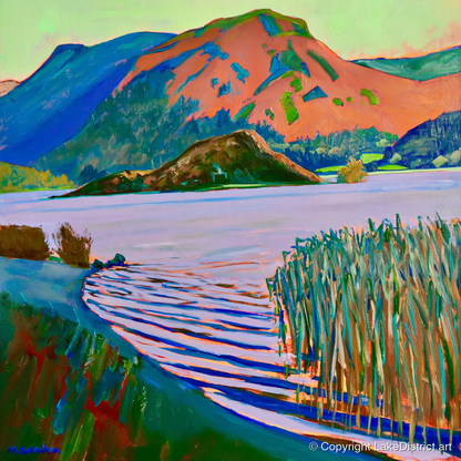 Grasmere Reeds and Vibrant Fells - lake district lake art print and canvas by Gideon Wright A.I