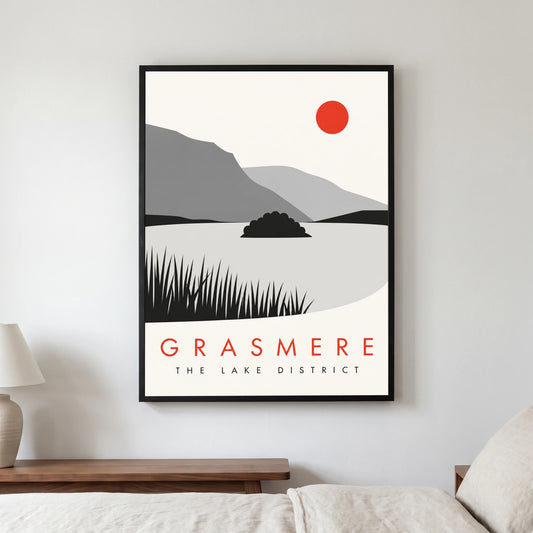 Grasmere travel poster in a black frame, hanging in a bedroom3