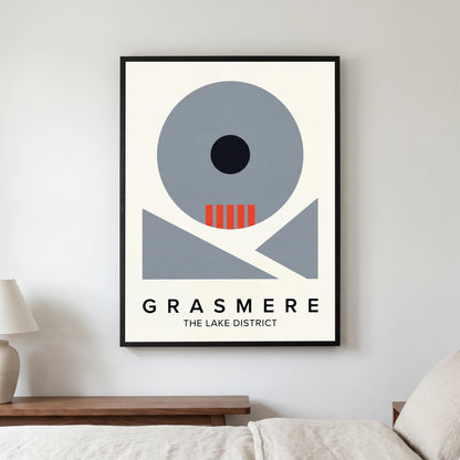 Grasmere travel poster in a black frame, hanging in a bedroom3