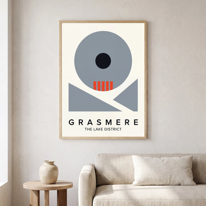 Grasmere travel poster in a natural frame, hanging in a living
