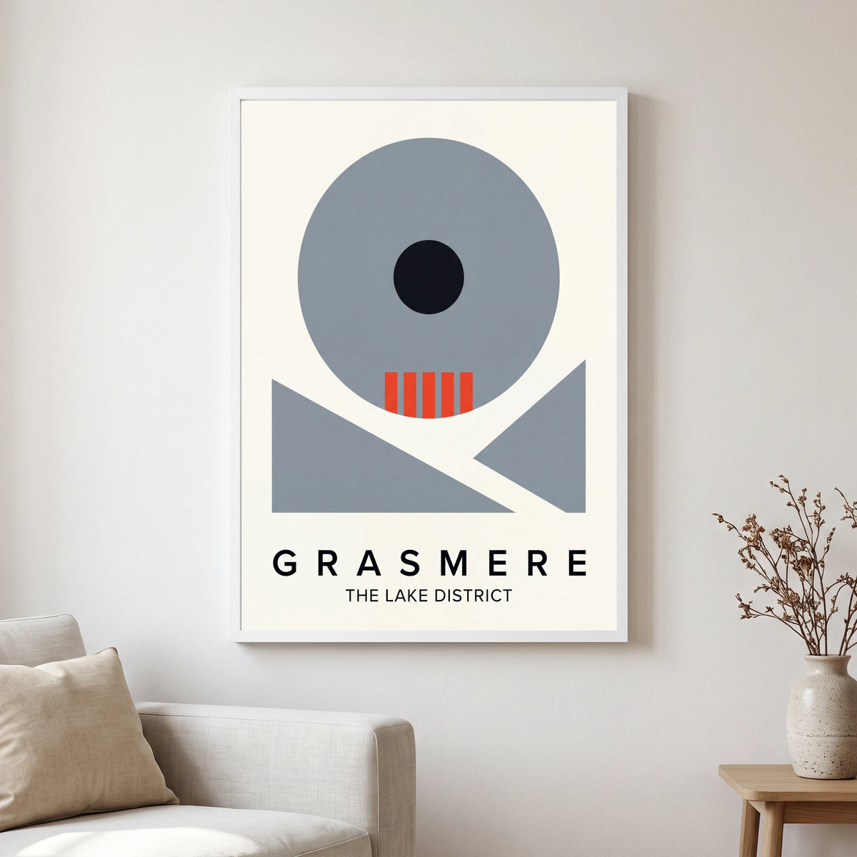 Grasmere travel poster in a white frame, hanging in a living2