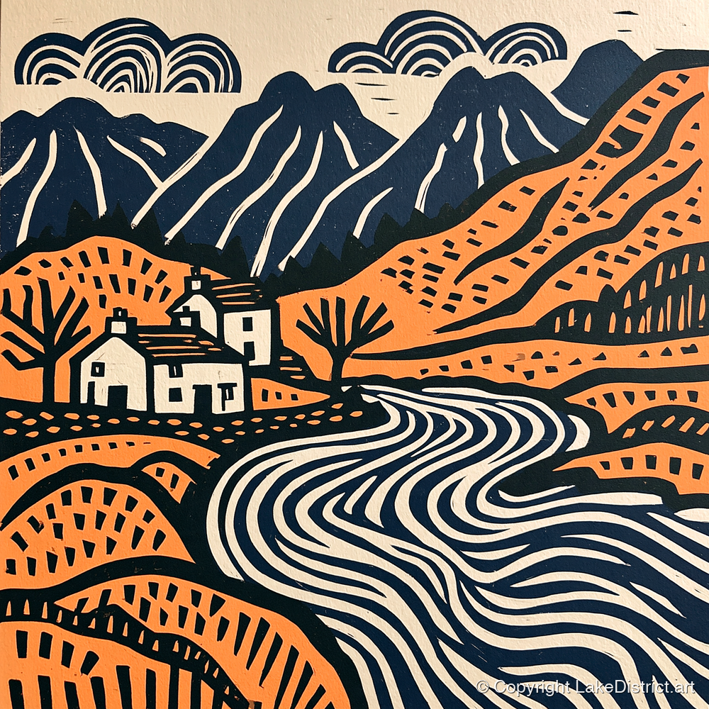 Grasmere Valley in Terracotta and Navy - lake district lake art print and canvas by Leon Baxter A.I