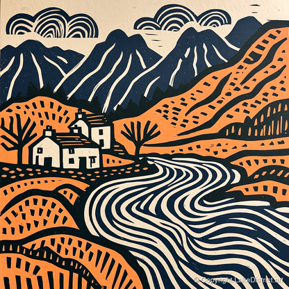 Grasmere Valley in Terracotta and Navy - lake district lake art print and canvas by Leon Baxter A.I